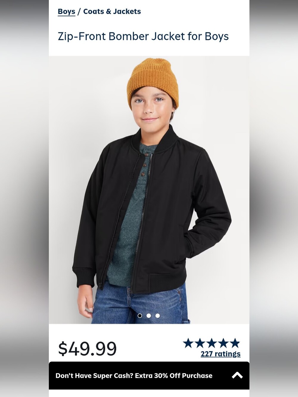 Old Navy Boys Black Zip-Front Bomber Jacket
